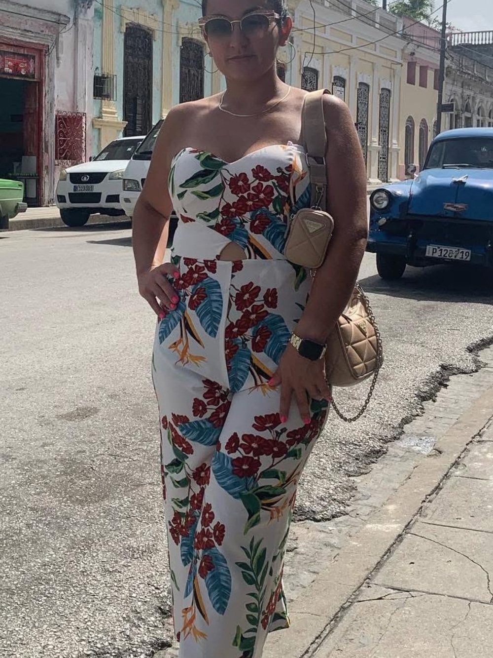Guess White Strapless Tropical Floral Cutout Jumpsuit